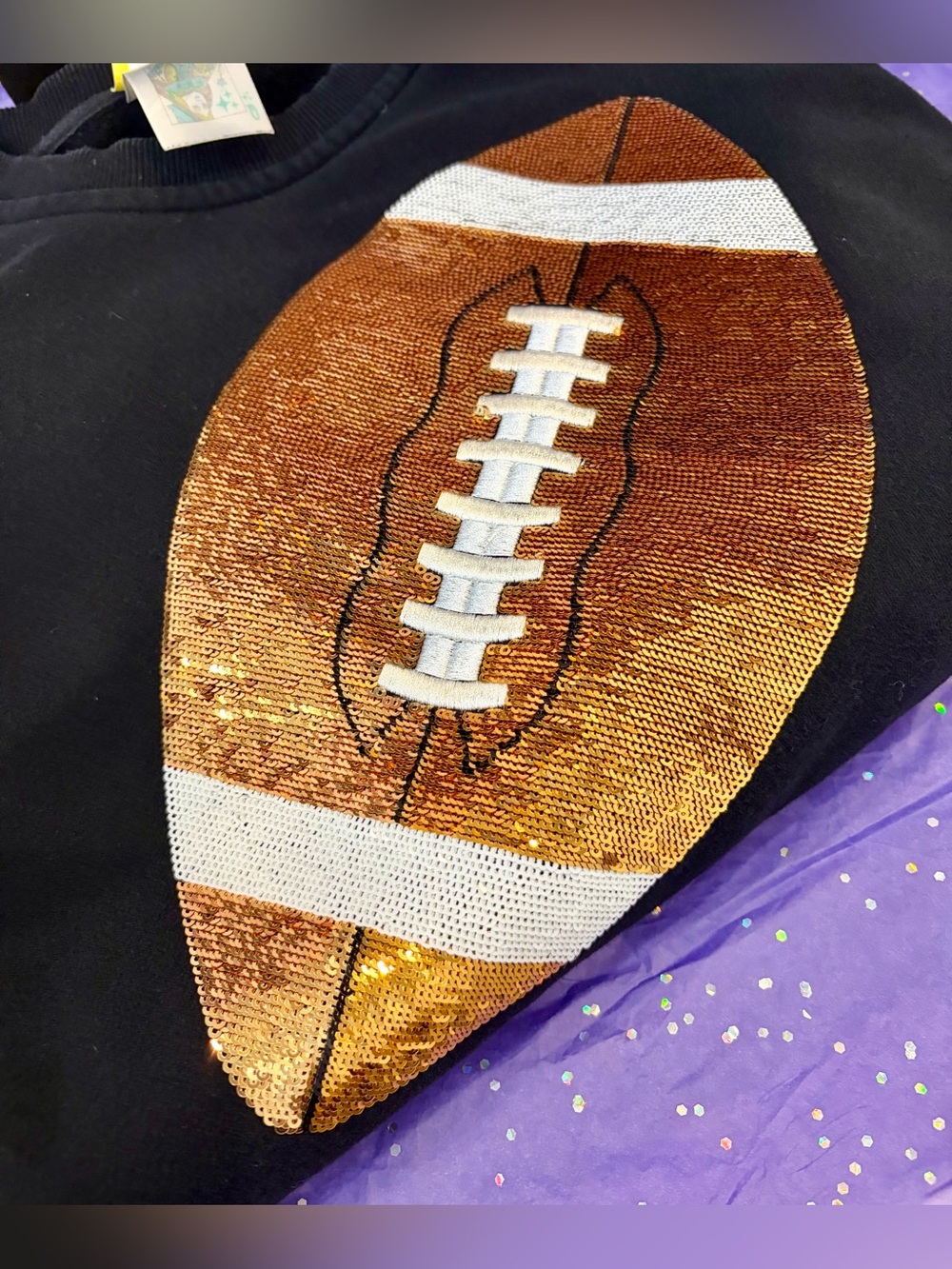 EUC! QUEEN OF SPARKLES Black Crewneck Sweatshirt w/Sequin Gold Football Graphic - Picture 5 of 7